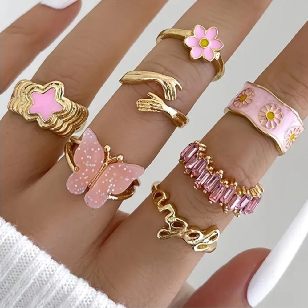 Boho Ring Set - Gold and Pink